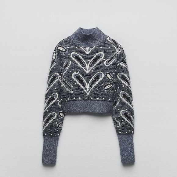 Zara Sweaters - ZARA NWT Pom Pom Jacquard Knit Crop Women's Blue Patterned Sweater
